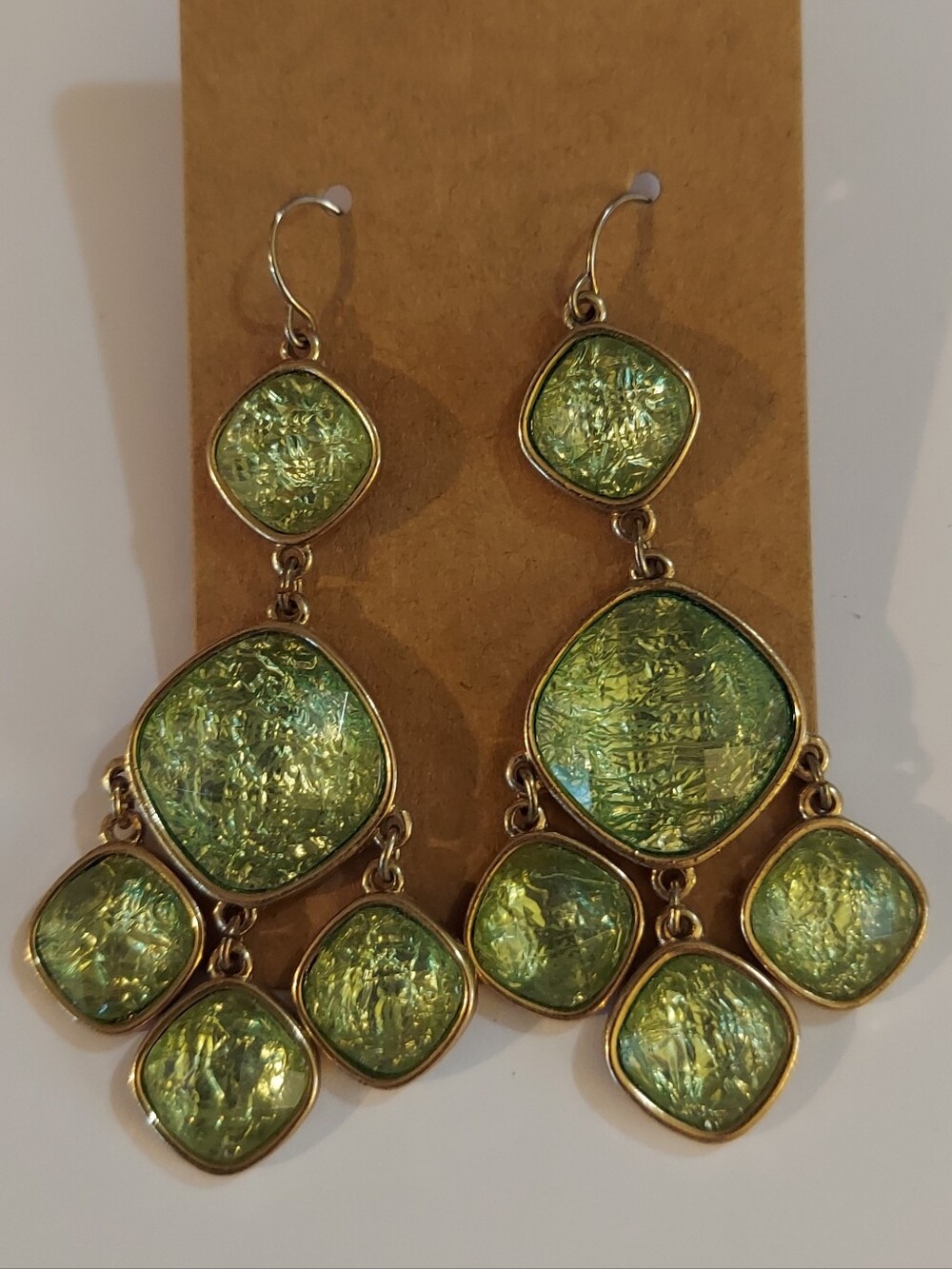Green And Gold Toned Dangle Earrings With Fishhook Backs